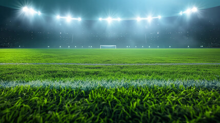 Stadium in lights and flashes 3d render. Soccer ball on a green field