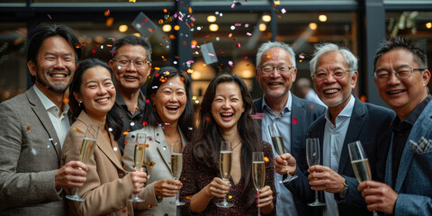 Happy Asian group celebrating with champagne flutes in front of a building at a special event - obrazy, fototapety, plakaty