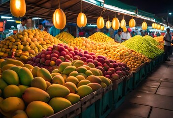 A vibrant display of freshly harvested mangoes glistens under the market lights, each fruit...