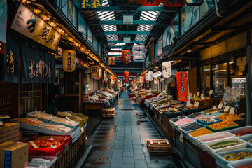 minimalist shot showcasing the vibrant colors of the Nishiki Market, with rows of traditional stalls selling fresh produce and local delicacies, Japanese minimalistic style,
