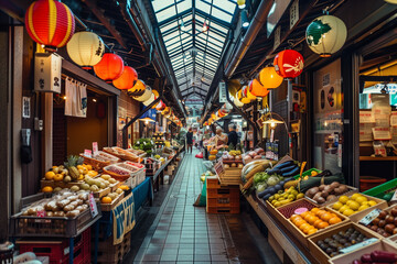 A minimalist shot showcasing the vibrant colors of the Nishiki Market, with rows of traditional stalls selling fresh produce and local delicacies, Japanese minimalistic style,