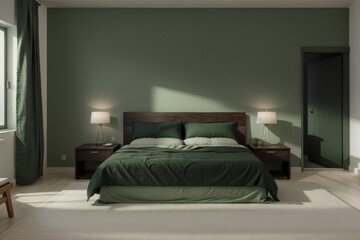 Cozy minimalist bedroom design in calm green tones