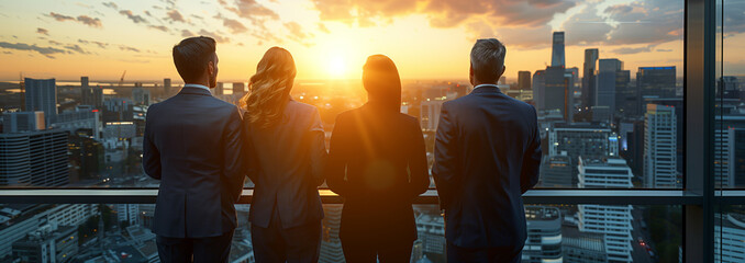 Silhouette group of businessmen and businesswomen stand together with a highrise city in the sunset background.
