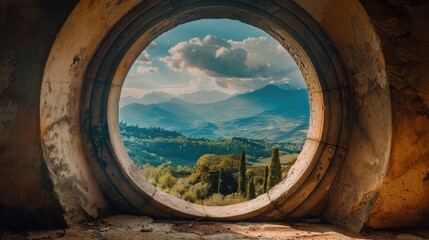 Obraz na płótnie Canvas A round window with a view of the mountains, perfect for travel websites