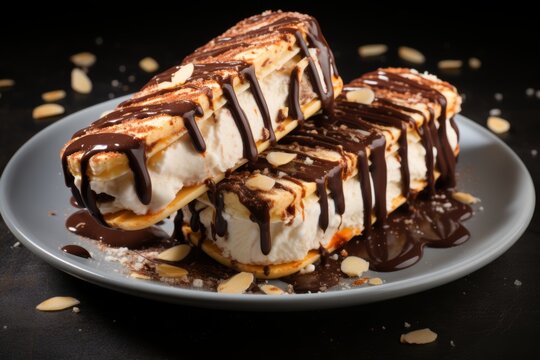 Banana dessert with almond toppings and chocolate coating, with empty space for text