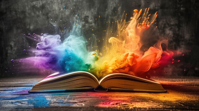 A vibrant book with rainbow pages spread out, evoking the diversity and inclusivity of the LGBT community, symbolizing creativity and the magic of reading.