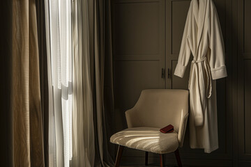 A minimalist closet photo with regal robes draped over a contemporary chair, blending traditional luxury with modern design aesthetics,