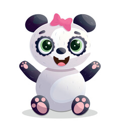 Cute panda girl character with pink bow on white background