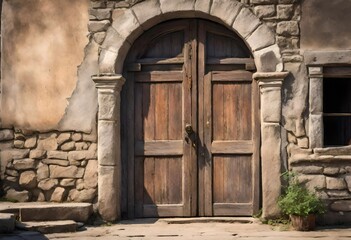 A weathered wooden door stands at the entryway of an ancient stone building, hinting at tales of...