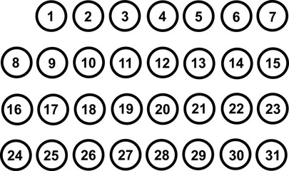 Simple round numbers icon set. Set of 1-31 numbers simple symbol. Replaceable vector design. 