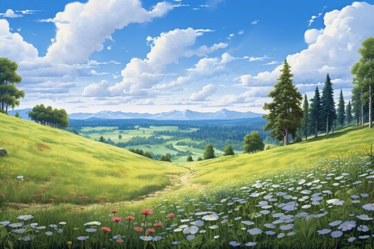 A beautiful summer landscape with a green field with flowers