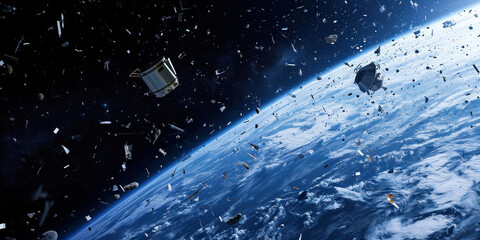 Illustration of swirling space junk orbiting Earth and debris scattering from the atmosphere - obrazy, fototapety, plakaty