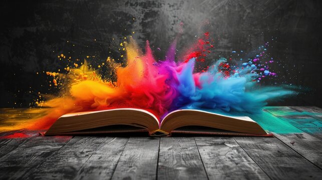 A vibrant book with rainbow pages spread out, evoking the diversity and inclusivity of the LGBT community, symbolizing creativity and the magic of reading.