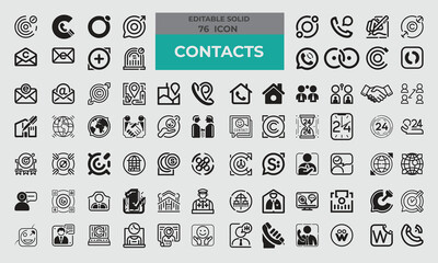 Fototapeta na wymiar 76 Solid Icons for Contacts set in fill style. Excellent icons collection. Vector illustration.
