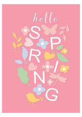 Hello spring flowers butterflies leaves on pink background vector drawing design elements background card banner poster.