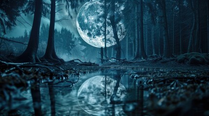 A full moon shines brightly in a dark forest. Perfect for spooky or mystical themed designs - obrazy, fototapety, plakaty