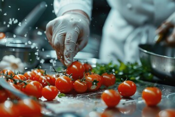 A person in a white coat and gloves preparing tomatoes on a cutting board. Ideal for food preparation concepts
