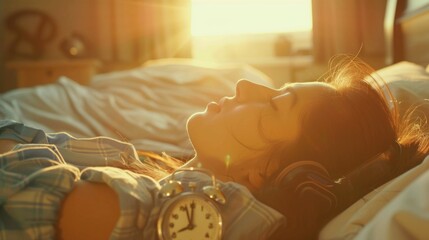 A woman laying in bed with headphones and a clock. Perfect for illustrating relaxation or morning routines - obrazy, fototapety, plakaty