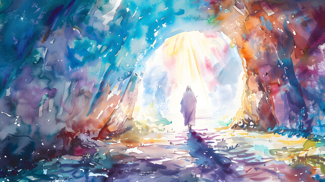 A serene and hopeful depiction of Jesus resurrection, emerging from the tomb with radiant light, symbolizing triumph over death, using bold and vibrant watercolor strokes.