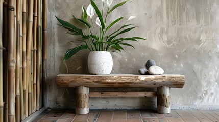 Minimalist Zen Den Neutral Organic Space Featuring a Wooden Bench and Peace Lily - obrazy, fototapety, plakaty