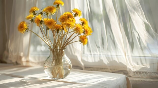 Bouquet of yellow dandelion flowers in a glass jar.