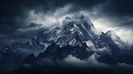 Zelfklevend Fotobehang Tranquil mountain landscape with dramatic sky over snowcapped peaks, serene and picturesque scene © Aliaksandra