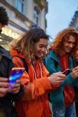 Fototapeta premium A diverse group of individuals engaged with their smartphones. Ideal for illustrating technology addiction and social media usage