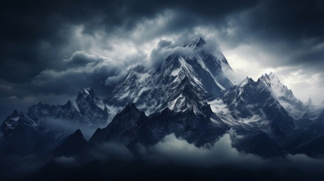Tranquil mountain landscape with dramatic sky over snowcapped peaks, serene and picturesque scene