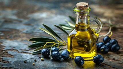 Olive oil and olive branch on the wooden table.