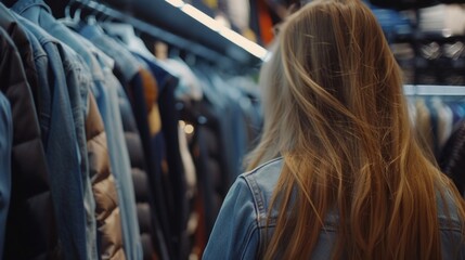 A woman standing in front of a rack of clothes. Suitable for fashion or retail concepts