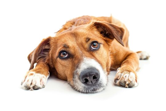 A peaceful image of a brown and white dog relaxing on a white surface. Suitable for pet-related designs and concepts