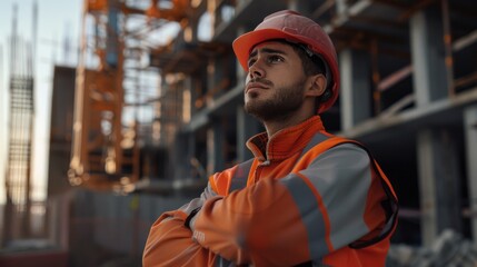 A man wearing an orange safety vest and hard hat. Suitable for construction industry concepts