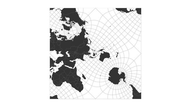 World map. Peirce quincuncial projection. Animated projection. Loopable video.