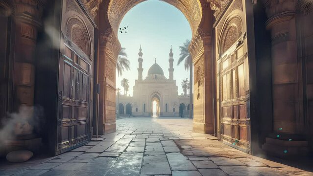 Animation gate of mosque building seamless 4k video background. generated with ai