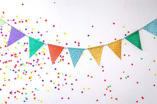 Bright and festive image with colorful flags and confetti. Perfect for party or celebration concepts