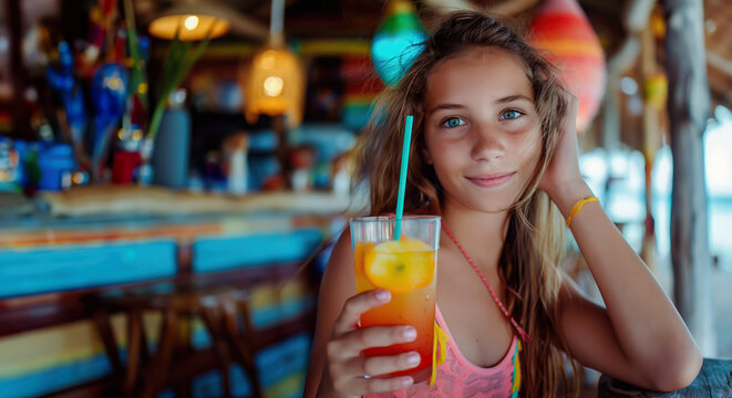 Teenage girl having a yellow orange colorful cocktail drink on beach bar background with copy space