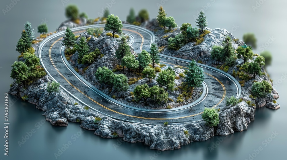Poster a road with a winding curve in two lanes on transparent background. direction and navigation signs f