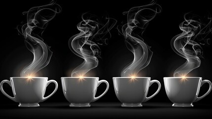 A set of 3D modern illustrations featuring trippy designs, including tea smoke, coffee cup steam, food steam, realistic white cigarette and hookah steam trails, hot dish haze and mug steam on a black