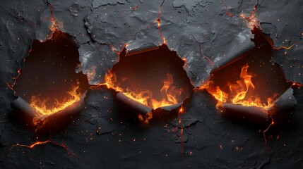 A realistic modern set of burned corners, holes, and borders. A smoldering fire on charred uneven edges, parchment sheets in flame. Burned frames isolated on transparent background.