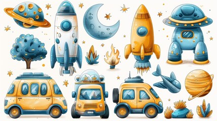Earth, alien planets, rocket, spherical spaceship, and meteor on background of outer space with stars. Modern cartoon set of shuttle, satellite, flying saucer, and meteorite with fire.