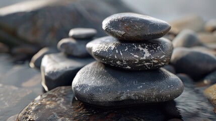 A pile of rocks sitting on top of a river. Suitable for nature and landscape themes