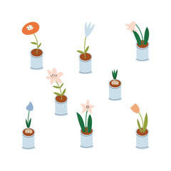 Flower pots. Set of isolated floral elements. Vector illustration.