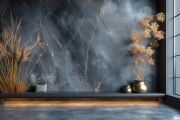 Relaxing room with black marble bench Black wall background 