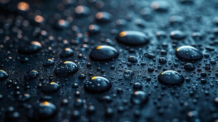Abstract wet texture, backdrop, graphic template for ads design, 3D modern illustration of raindrops on black background. Rain condensation, raindrops on dark window surface.