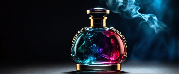 Obraz na płótnie Canvas A beautiful glass for womens perfume bottle on plain bright black background with smoke fog and copyspace banner template from Generative AI