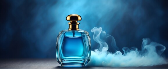 A beautiful glass for womens perfume bottle on plain bright blue background with smoke fog and copyspace banner template from Generative AI - obrazy, fototapety, plakaty