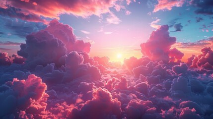 An abstract vivid fantasy view of the sky, the sky above, and the moon. Sunset or sunrise nature landscape with clouds in pink, white, blue, and lilac. Abstract vivid fantasy view. Realistic 3D