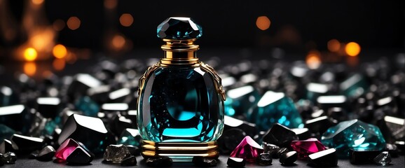 bright black gemstones crystals background with beautiful glass for womens perfume bottle copyspace banner template from Generative AI - obrazy, fototapety, plakaty