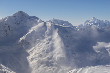 Beautiful scenery mountain massif closeup on the North Caucasus on winter resort - 760623093