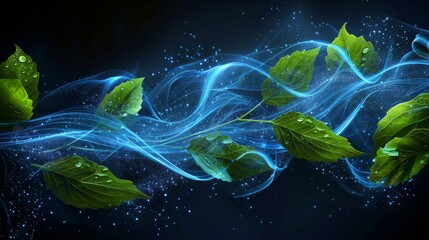 Glow waves and swirls, wand trails, fresh menthol breath, detergent, or blue air with green leaves, realistic 3D modern illustration of freshness effect. - obrazy, fototapety, plakaty
